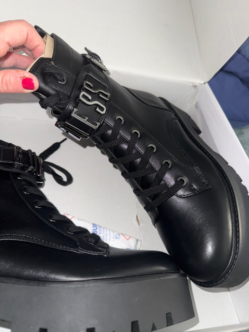 Guess Black Lace-Up Platform Combat Boots with Metal Logo Buckle